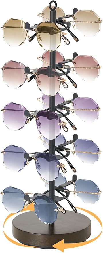 Mkono 360Â° Rotating Sunglasses Organizer Metal Eyeglass Holder Stand Sunglass Storage Display Eyeglasses Rack for up to 10 Pairs of Eyewear Glasses for Table Dresser Desk Countertop Bedroom, Black