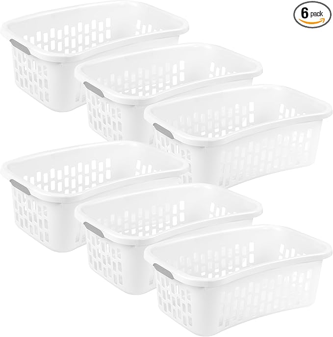 Sterilite 6 Pack HipHold Laundry Basket, Plastic Rectangle Clothes Hamper with Comfort Grip Handles & Reinforced Rim, 1.5 Bushel Capacity, White