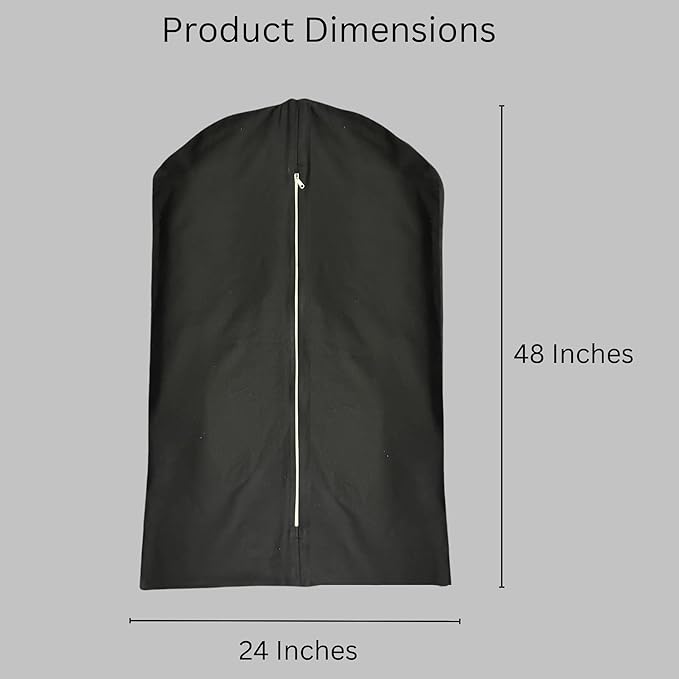 Garment Bag for Hanging Clothes – Organic Cotton Suit & Coat Cover with Zipper | Breathable Closet Organizer for Travel & Storage (Large (24"x48"), Black)