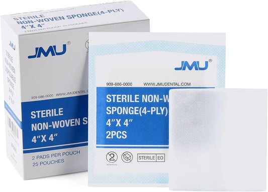 JMU Sterile Gauze Pads 4x4, Highly Absorbent Non-Woven Sterile Gauze Sponges, 25 Packs, 2 Pcs Per Pack, 50 Pcs Total