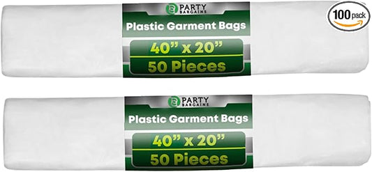 PARTY BARGAINS 40 x 20 Inch Disposable Clear Garment Bags, 100 Pack â Heavy-Duty Plastic Clothes Covers for Suits Dresses Coats, Closet & Travel