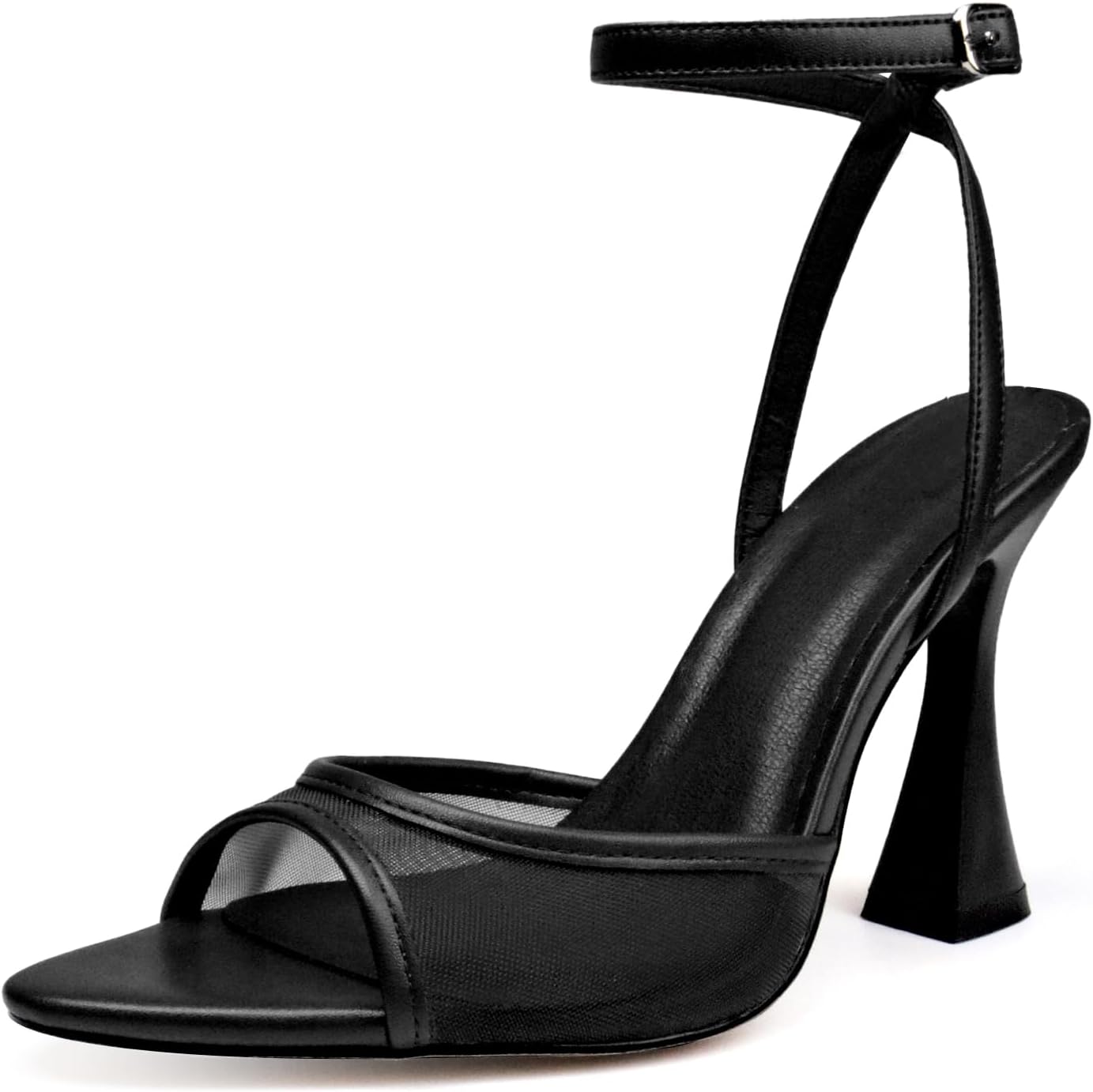 High Heels Pointed Open Toe for Women Chunky Heels Ankle Strap Strappy Kitten Block Heeled Sandals Dress and Party Wedding Shoes-Glossy Black-9.5