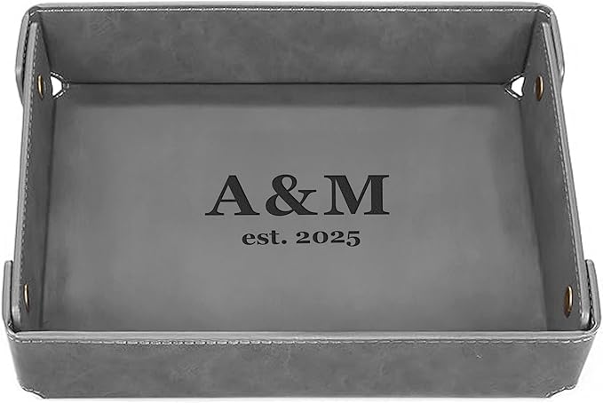 Engraved Leather Valet Tray for Couples â Personalized Catchall with Custom Name â Organizer for Keys, Wallet, Jewelry â Romantic Gift â Grey