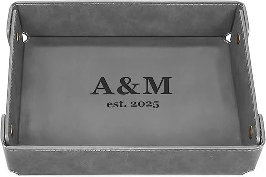 Engraved Leather Valet Tray for Couples â Personalized Catchall with Custom Name â Organizer for Keys, Wallet, Jewelry â Romantic Gift â Grey