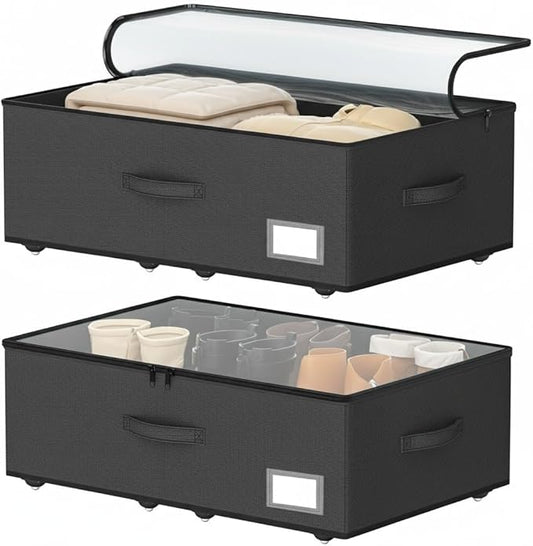 Underbed Storage With Wheels, No Assemble Required 12 inches Height Under bed Storage Bins,Large Capacity Rolling Shoe Storage Containersï¼Dorm clothes Storage