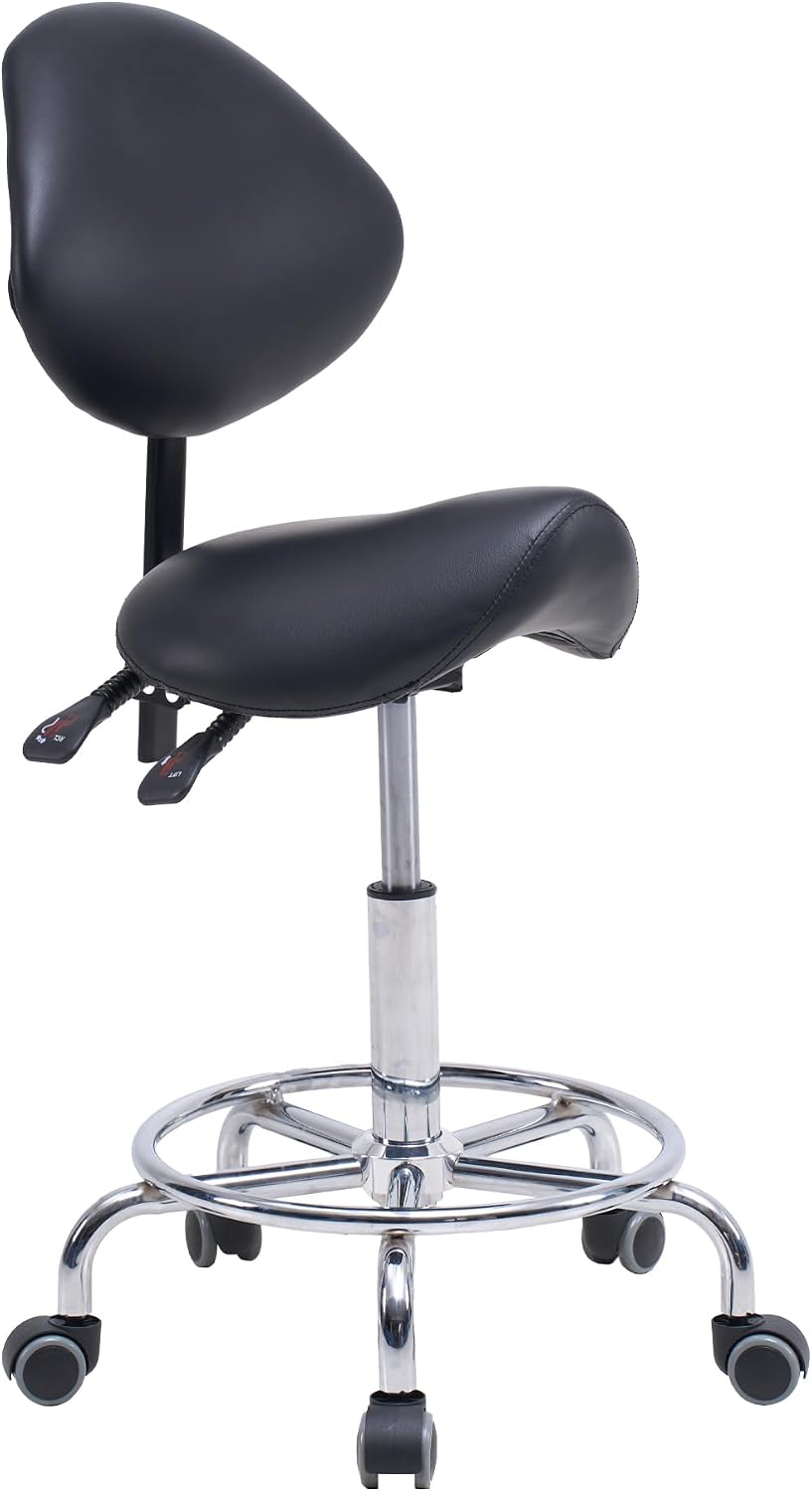 Saddle Stool Chair with Backrest and Footrest, Ergonomic Hydraulic Rolling Swivel Adjustable Stool for Salon Spa Massage Tattoo Dental Clinic Lash Esthetician Home Office, Heavy Duty 400LBS, Black