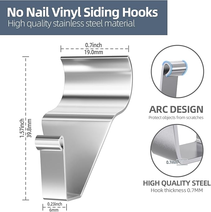 Antimbee Heavy-Duty Stainless Steel Siding Hooks,20 Pack Vinyl Siding Hooks Hanger,No Hole Siding Hanging Hanger for Hanging on Patio,Vinyl Siding Clips Applicable to Outdoor or Holiday Decoration