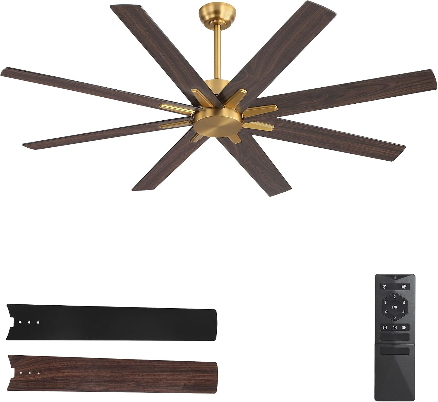 WINGBO 64 Inch Ceiling Fan without Light - 8 Plywood Blades, 6-Speed Reversible DC Motor, Noiseless Remote Control Ceiling Fan No Light for Bedroom Living Room Kitchen, Gold and Walnut/Black