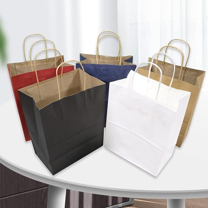 FACEBAG 100 Pack Medium 8x4.25x10.5 inch Black Gift Paper Bags with Handles Bulk, Kraft Bags, Craft Grocery Shopping Retail Party Favors Wedding Bags