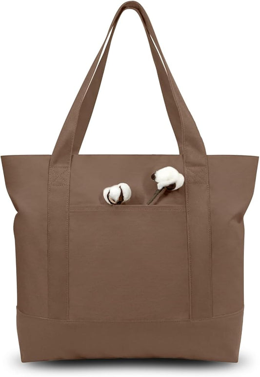 TOPDesign 3-Pack Canvas Tote Bags with an External Pocket, Reusable Grocery Shopping Bags, Top Zipper Closure, Daily Essentials (Brown)