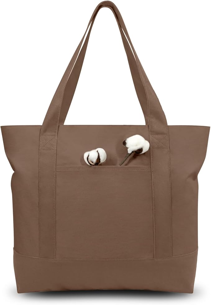 TOPDesign 1-Pack Canvas Tote Bag with an External Pocket, Reusable Grocery Shopping Bag, Top Zipper Closure, Daily Essentials (Brown)