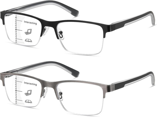 2 PCS Multifocal Progressive Reading Glasses Men, Metal Blue Light Multifocus Readers for Mid & Near Workplace