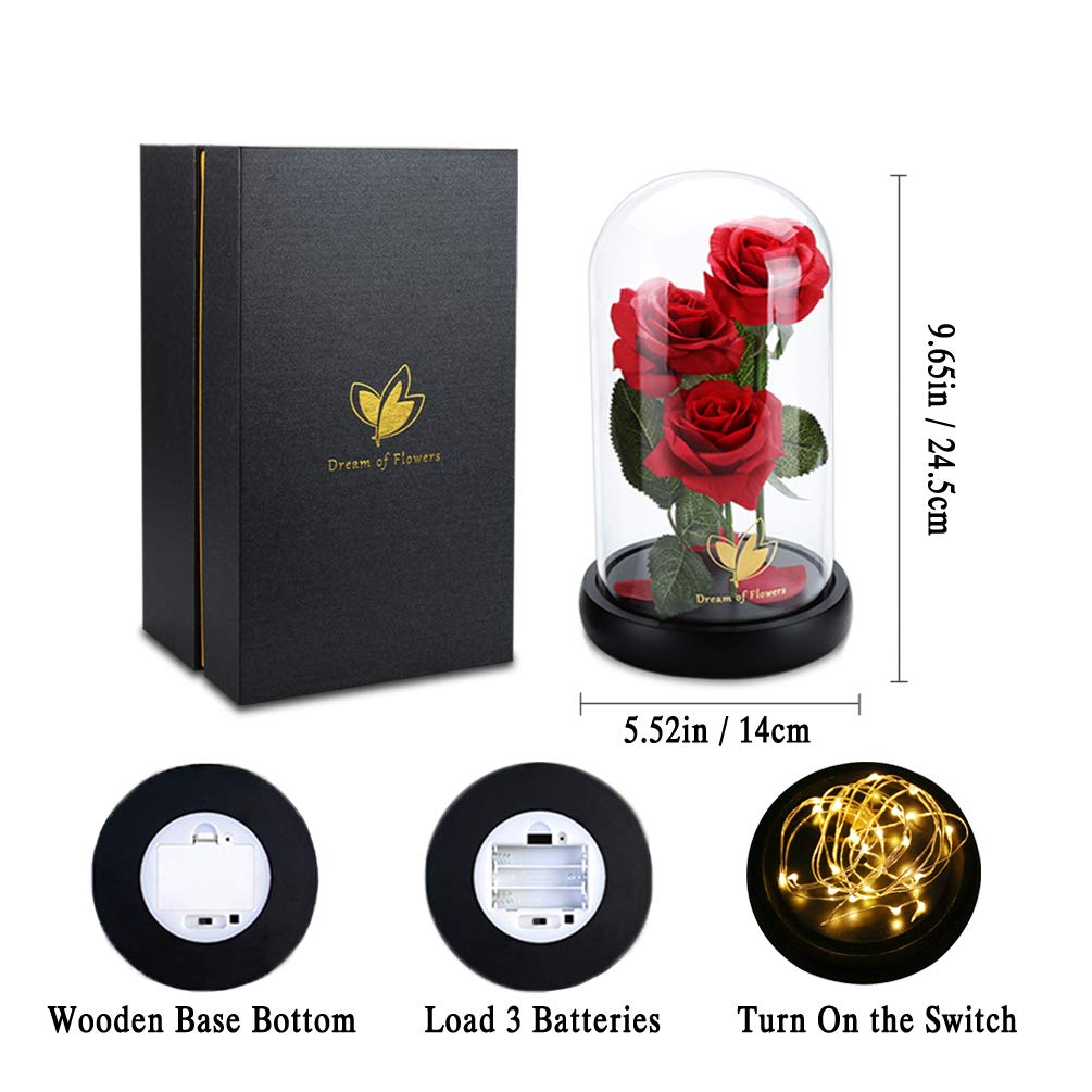 Flower Gifts for Women,Beauty and The Beast Rose in Glass Dome with 2 Lights Mode,Light up Rose Anniversary Romantic Gift for her,Birthday Gifts for Women,Mom,Wife,Girlfriend,Silk Red Rose Gift