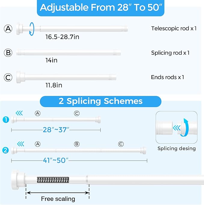Shower Curtain Rod 31-49 Inch,0.87"Diameter Adjustable Spring Tension Curtain Rods No Drill,Ivory White Shower Tension Rod for Bathroom,Room Divider,Window,Anti-Rust Non-Slip 1-Pack