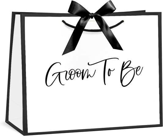 Loveinside 13" Large Groom Shower Gift Bag, White & Black Groom To Be Elegant Script Design Gift Bag with Bow Ribbon for Shower, Engagement, Bachelor Party, Wedding, 13" x 5" x 10", 1 Pcs