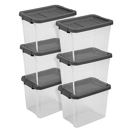 Sterilite 18-Pack Modular Stacker Box, Durable Clear Plastic Storage Bins with Latching Lids, 30 Quart - Stackable Organizing Container Boxes for Closet, Bathroom, and Office