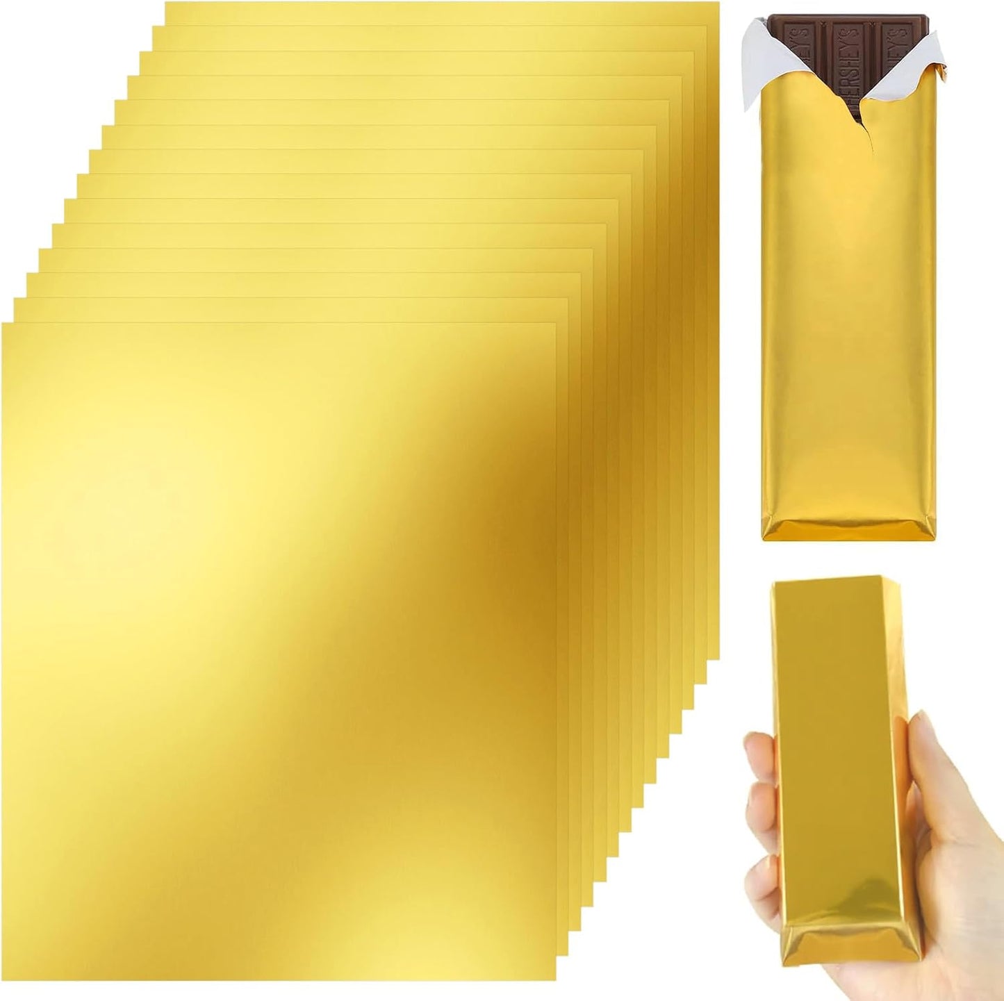 HRXMS Chocolate Bar Wrappers 120pcs - 6x7.5 Inch Gold Foil Paper with Thick Backing | Premium Candy Wrappers for Homemade Chocolate Bars, Candies, Holiday Gifts | Reusable Food-Grade Packaging