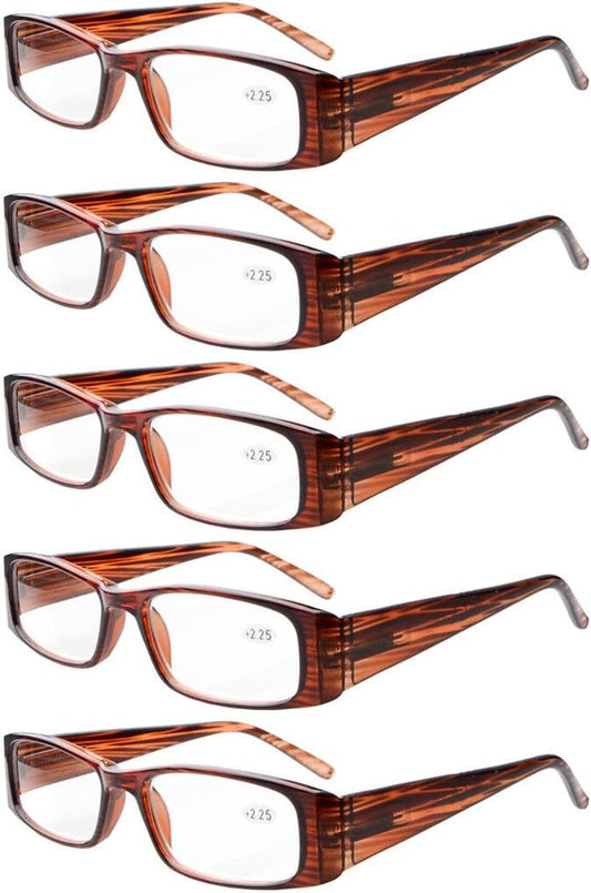 Eyekepper 5-Pack Spring Hinges Rectangular Reading Glasses Readers Brown +2.5