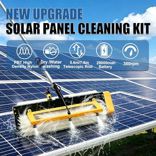Electric Solar Solar Panel Cleaning Tool, 60cm/23.6” Brush 380 RPM Brushless Motor, 5.6m/18.4ft Telescopic Rod, Cordless 29,000mah Battery – Pbt Bristles, Dry/Wet Dualpower-5.6m/18.4ft