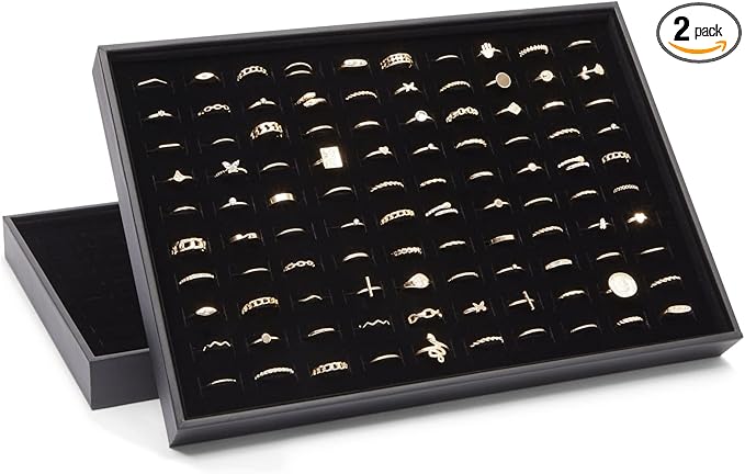 Juvale Ring Display Tray - Velvet Protection & Jewelry Display - Removable Pad & Earring Storage - Stackable Jewelry Trays & Glasses Holder for Nightstand - Pack of 2, 13.8 x 9.5 x 1.3 in, Black
