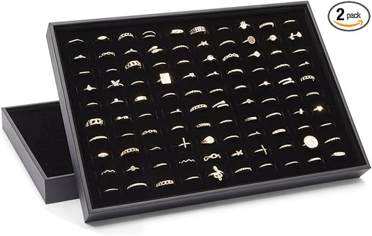 Juvale Ring Display Tray - Velvet Protection & Jewelry Display - Removable Pad & Earring Storage - Stackable Jewelry Trays & Glasses Holder for Nightstand - Pack of 2, 13.8 x 9.5 x 1.3 in, Black