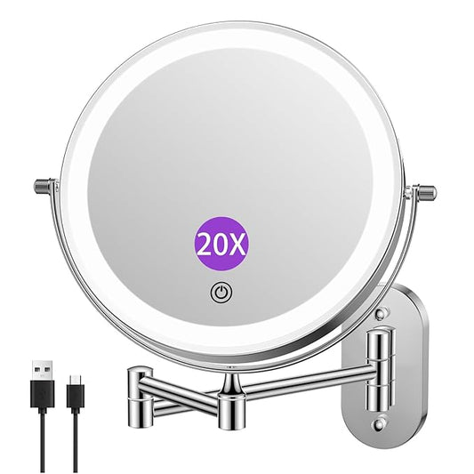 FUNTOUCH 2500mAh Rechargeable Wall Mounted Lighted Makeup Vanity Mirror 8 Inch Double Sided 1X 20X Magnifying Bathroom Mirror, 3 Color Lighting, Touch Dimming, Extended Arm 360Â° Light up Mirror