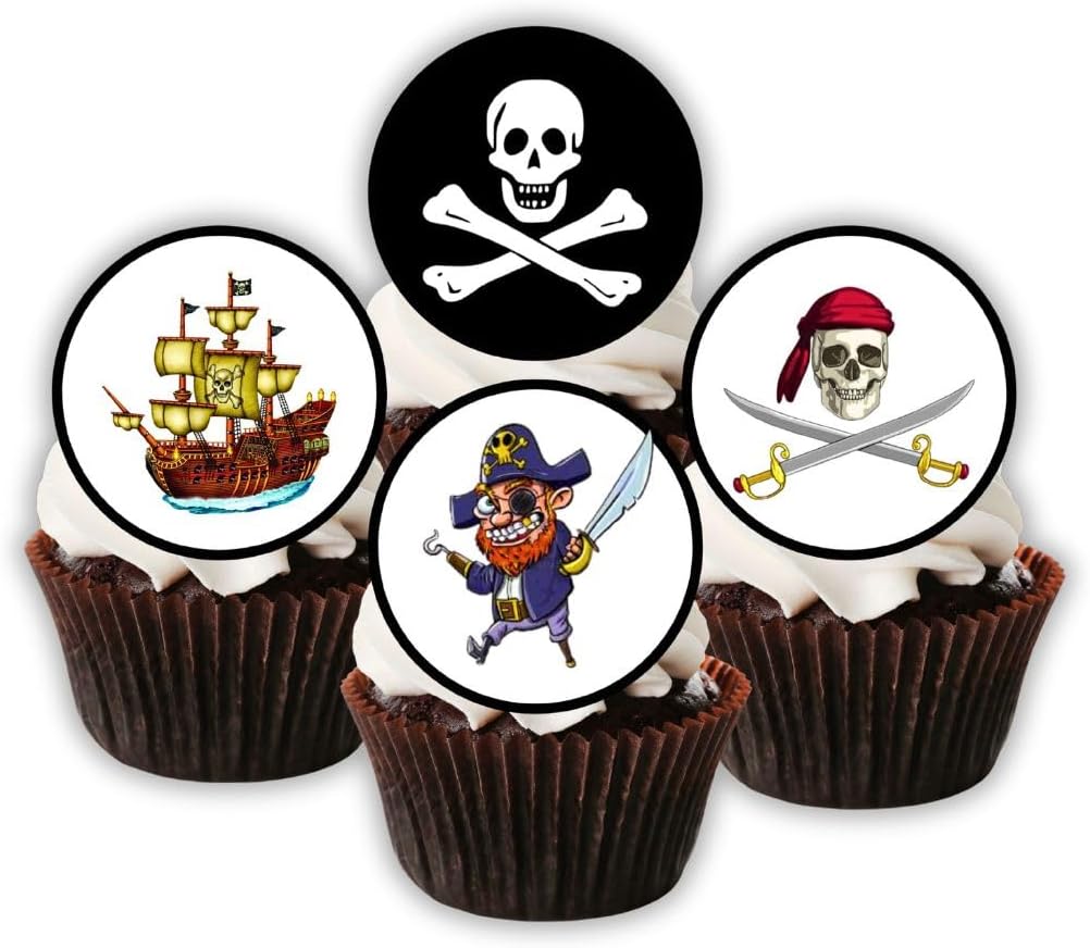 PRECUT Pirate Cupcake Toppers, Pirates Theme Edible Mini Discs - Premium Thickness SWEETENED VANILLA, Wafer Card Cake Decorations (24)