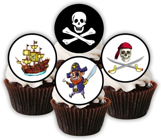 PRECUT Pirate Cupcake Toppers, Pirates Theme Edible Mini Discs - Premium Thickness SWEETENED VANILLA, Wafer Card Cake Decorations (24)