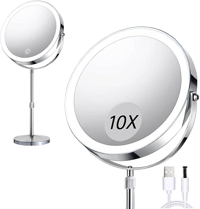 Rechargeable LED Makeup Mirror with Lights, 10X Magnifying Mirror, Touch Control 3 Color Modes, 360Â° Rotation & Height Adjustable Make Up Mirror with Lights