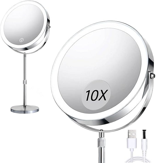 Rechargeable LED Makeup Mirror with Lights, 10X Magnifying Mirror, Touch Control 3 Color Modes, 360Â° Rotation & Height Adjustable Make Up Mirror with Lights