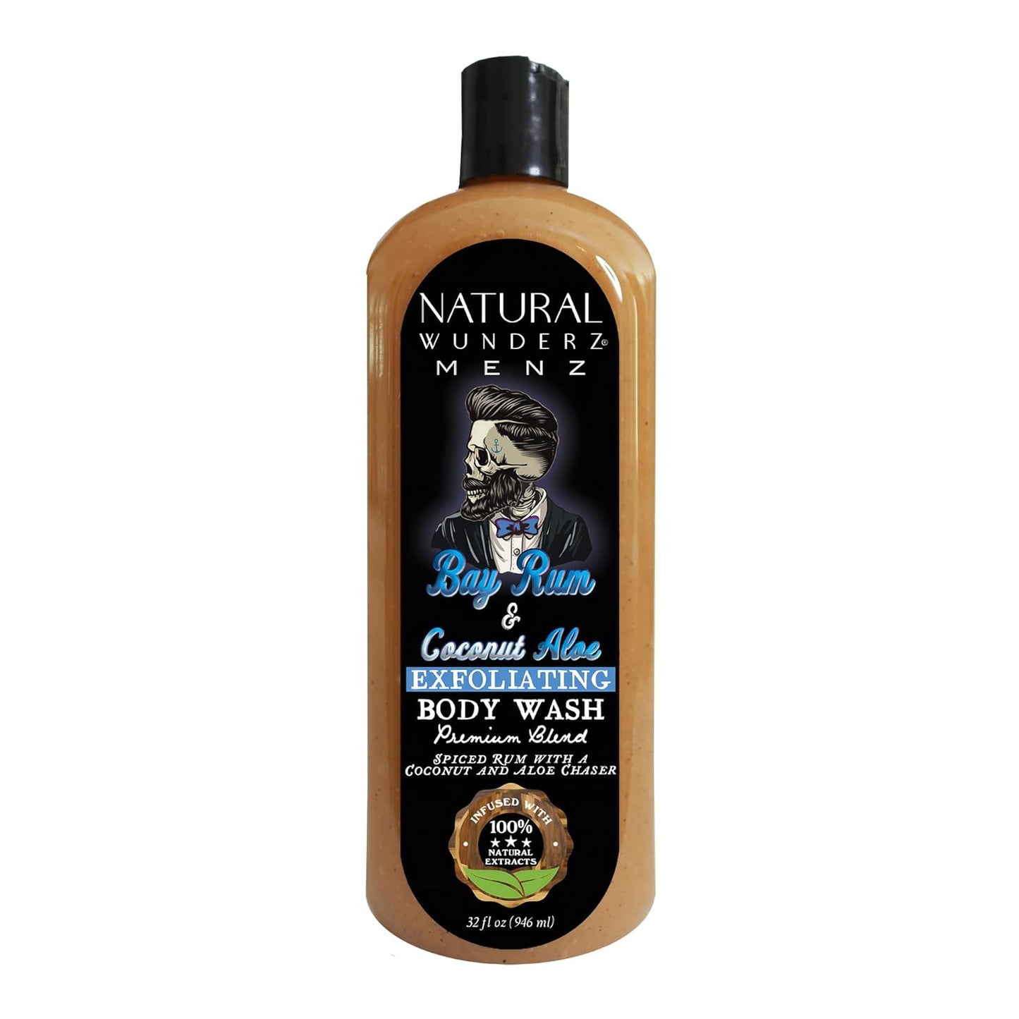 Mens Body Wash, Exfoliating Bay Rum & Coconut Aloe Scent, 32 Fl Oz All-In-One Liquid Soap and Shower Gel, Sulfate Free and Vegan Friendly Body Scrub