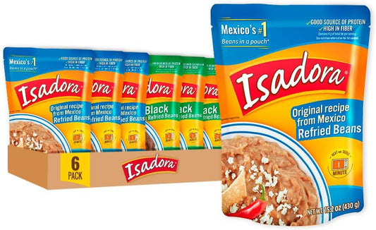 Isadora Refried Beans Variety Pack (6 Pack, 3 Each), Delicious Original and Black Refried Pinto Beans in Pouch, Gluten Free Microwave Food Premade Meals, Plant Based Protein,15 oz Bags
