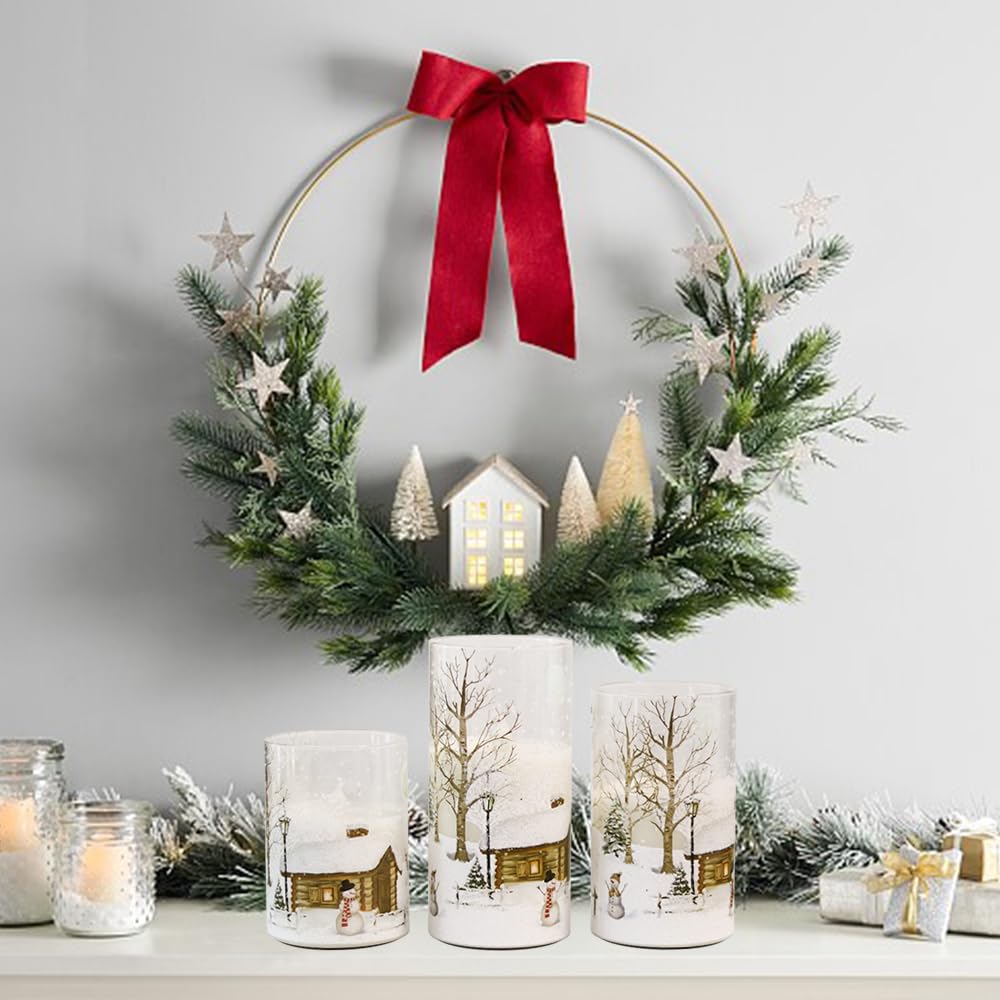 DRomance Snowman Glass Flameless Candles Battery Operated with Remote and Timer Real Wax LED Flickering Pillar Candles White Cold Light Window Christmas Holiday Decor D3 x 4",5",6"