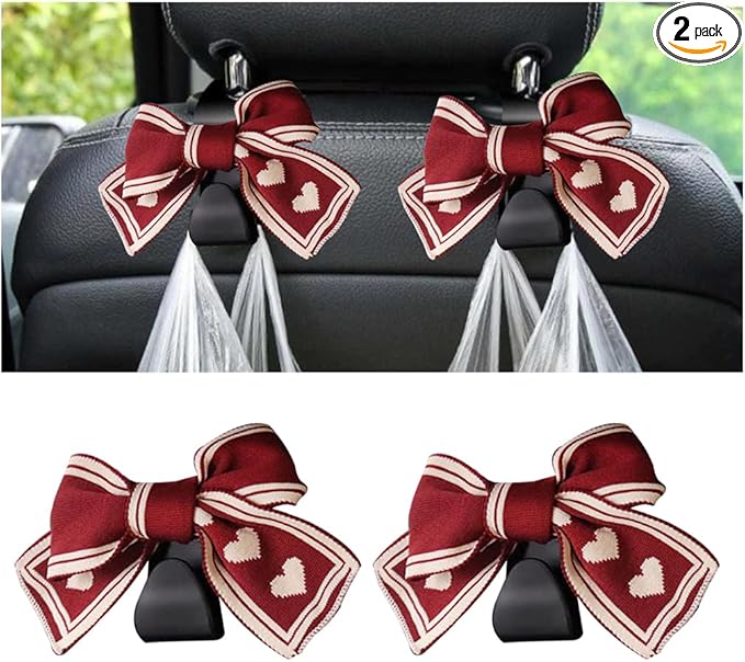 Mandark 2PCS Car Seat Headrest Hooks, Cute Bow Vehicle Hooks for Purses and Bags, Automotive Purse Hook Hanger Interior Decoration Accessories, Universal for SUV, Sedan, Truck (Red/White)