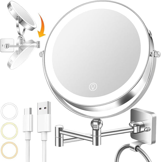 10x Large Wall Mounted Makeup Mirrror, Height Adjustable Lighted Mirror, 8" Double Sided Mirror, 1X/10X Magnifying Bathroom Mirror, 360Â° Rotation Adjustable, Detachable Ring, 3 Color Lights