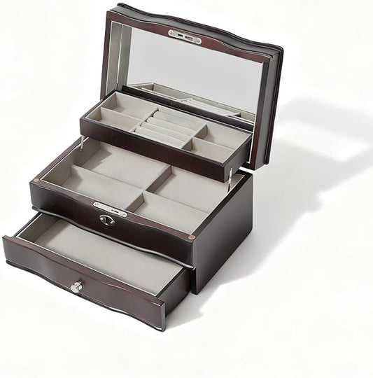 Brown jewelry box,watch cases for men with large Window,3-Tier Storage Organizer And Velvet Lining,jewelry organizers and storage for watches,Tie Pins, Rings