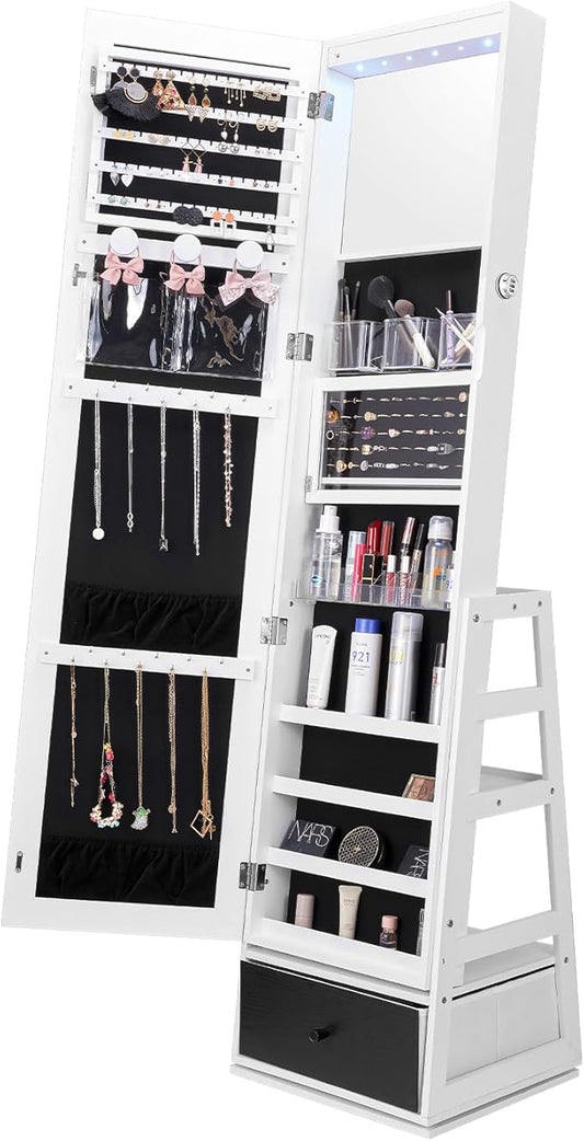VEVOR 360Â° Swivel Jewelry Cabinet Armoire, 63-Inch Tall Lockable Jewelry Organizer with Full-Length Mirror, LED Light, Velvet Lining, Drawer, Freestanding, White