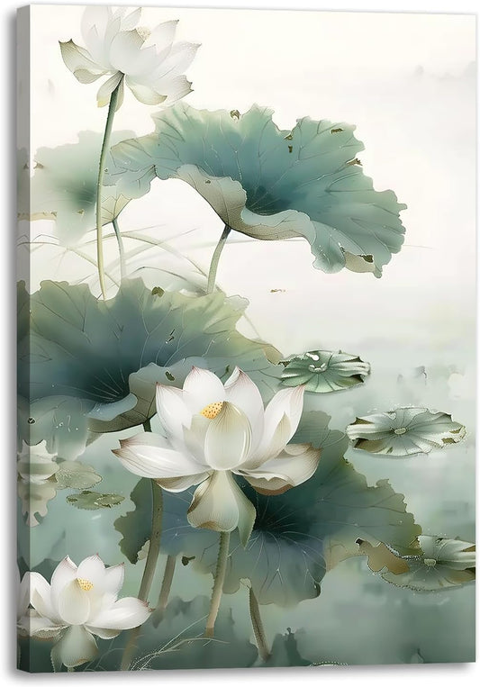 GLOKAKA Zen Lotus Wall Art Green Lotus Pond Picture Canvas Print Watercolor Floral In The Water Painting Artwork for Calming Relaxing Yoga Spa Wall Decor(Artwork-1,16"x24")