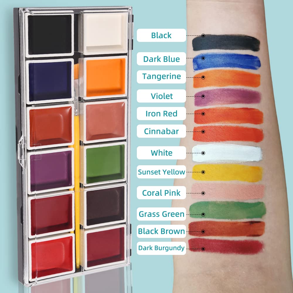 12 Colors Alcohol Activated Makeup Palette Set with Mimic Wound Sponge Makeup Egg for SFX Makeup Halloween Makeup