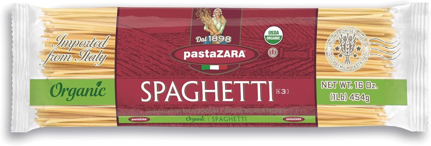 PASTA ZARA - Spaghetti - Organic - 100% Italian Pasta, Made with Durum Wheat Semolina Flour, Non GMO (1 LB. BAG) - Consistently al Dente.