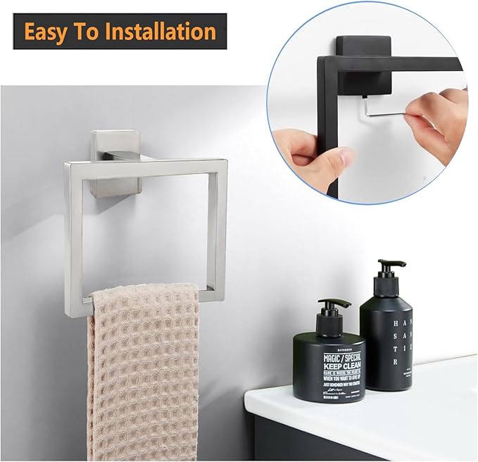 JOPOFI Towel Ring - Thicken SUS 304 Stainless Steel Towel Holder, Towel Racks for Bathroom, Square Modern Design Hand Towel Holder, Contemporary Hand Towel Bar - Brushed Nickel