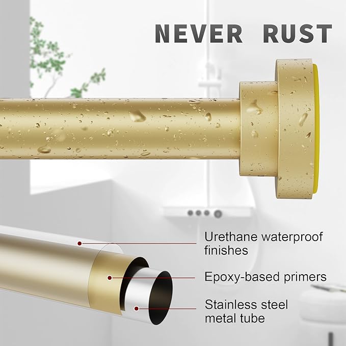 Thestoa Gold Shower Curtain Rod Adjustable 43-66 inch, 1"Diameter Spring Tension Curtain Rod No Drill, Anti-Rust Non-Slip Shower Rod for Bathroom