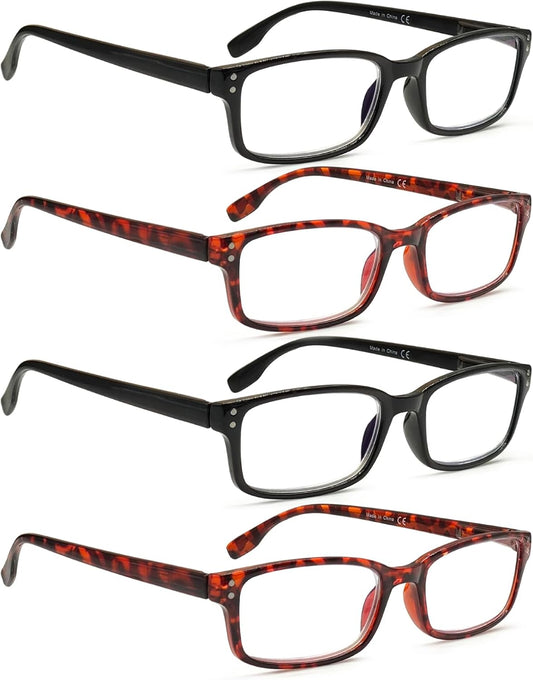 Kerecsen 4 Pack Reading Glasses for Men and Women with Spring Hinges, Lightweight Black Rectangular Readers Eyeglasses (2 BLACK 2 Tortoise, 2.75, x)
