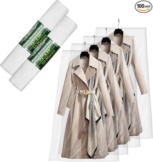 PARTY BARGAINS 72 x 20 Inch Disposable Clear Garment Bags, 100 Pack â Heavy-Duty Plastic Clothes Covers for Suits Dresses Coats, Closet & Travel