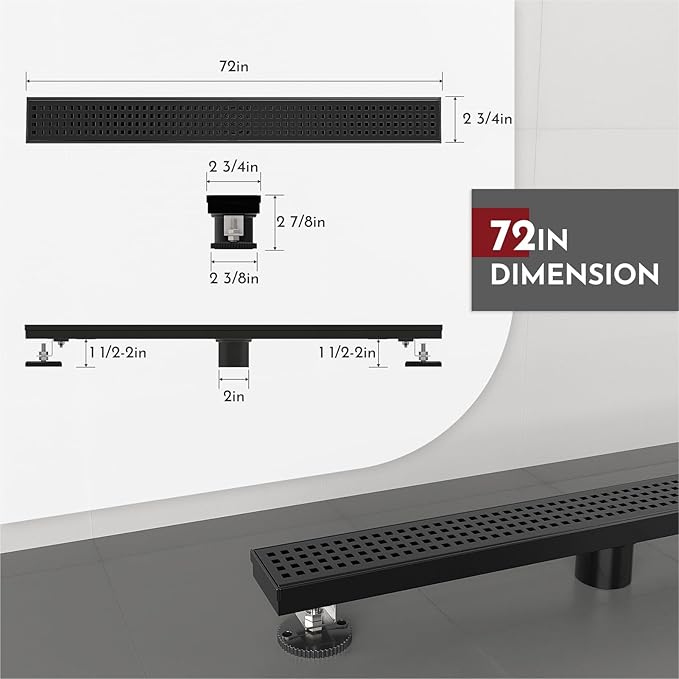WEBANG 72 Inch Linear Shower Drain Rectangular Floor Drain with Accessories Square Hole Pattern Cover Grate Removable SUS304 Stainless Steel CUPC Certified Matte Black