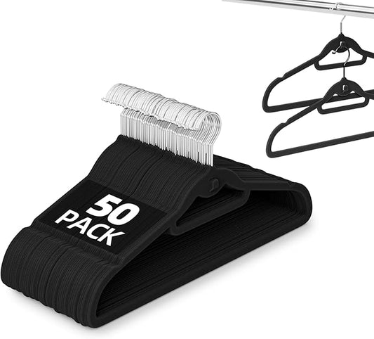 Velvet Stackable Hangers 50 Pack Black, Non Slip Space Saving Felt Hanger with Cascading Hooks, Ultra Thin and 360Â° Swivel Hook, Heavy Duty for Suit Shirt Pant