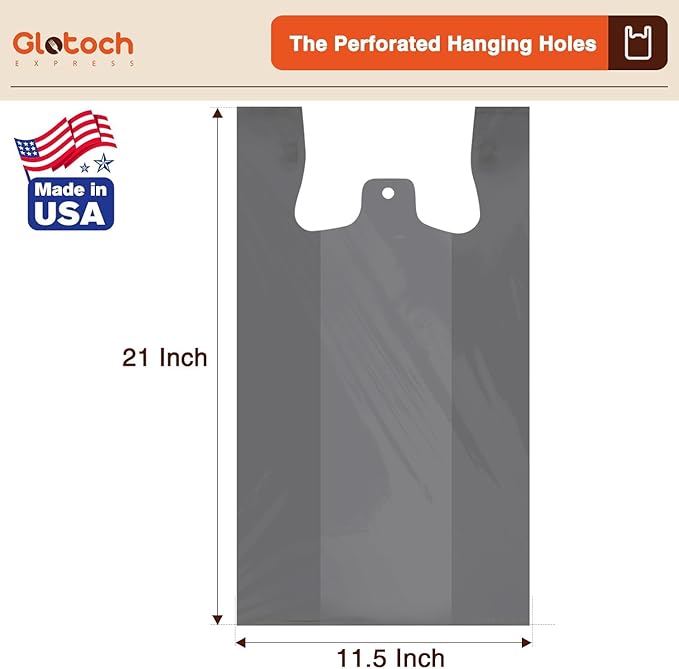 Glotoch 500 Count - Plastic T-shirt Bags Gray, 11.5" x 6.5" x 21" Grocery Bags with Handles for Restaurant, Retail, Grocery Store, Takeout, Convenience Stores, Shopping Bag