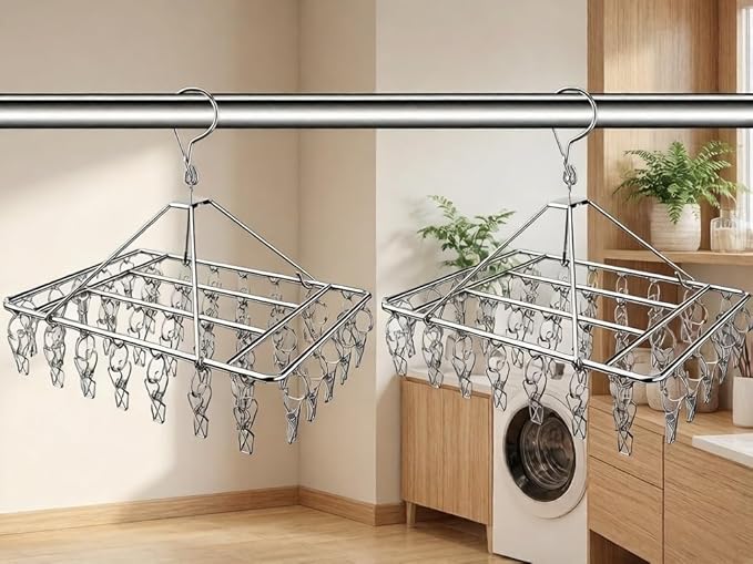 2 Pack Stainless Steel Sock Drying Rack with 80 Clips,360Â° Rotatable Windproof Hook Clothes Hanger Rack for Herb,Bras,Underwear,Baby Clothes,Hat,Scarf,Pants,Gloves,Towel and Laundry Accessories