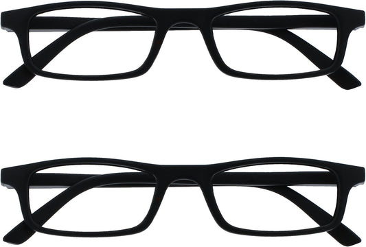 OPULIZE TED Reading Glasses for Women Men, Lightweight Narrow Rectangular Matt Frame with Spring Hinges, Black +2.50 (Pack of 2)