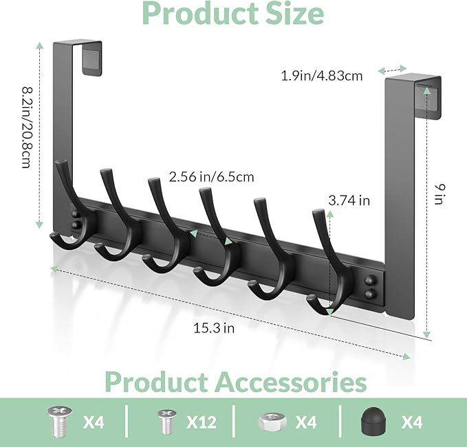 Over The Door Hooks with 6 Hooks for Hanging-Space-Saving,Over The Door Hanger,Over The Door Towel Rack,Towel Hanger for Bathroom,Guaranteed Quality & Compressed Packaging (1, Black)